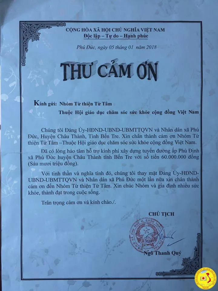 Ảnh: Thư cảm ơn đến Nhóm từ thiện Từ Tâm