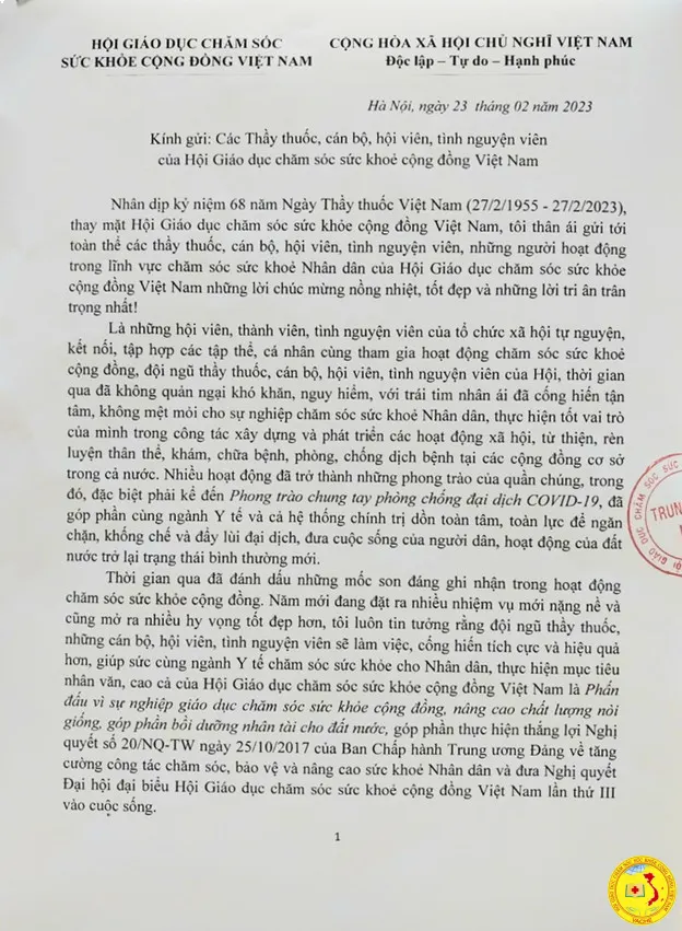 Ảnh: TW hôi GDCSSKCĐ Việt Nam chúc mừng ngày thầy thuốc Việt Nam