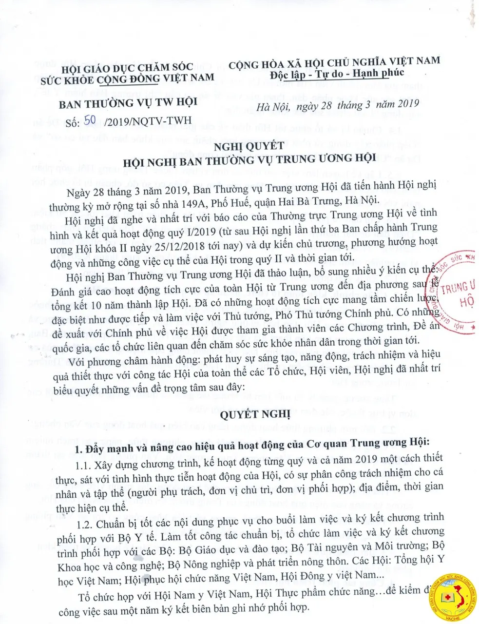 Ảnh: Nghị quyết hội nghị Ban Thường vụ Trung ương Hội ngày 28 tháng 3 năm 2019