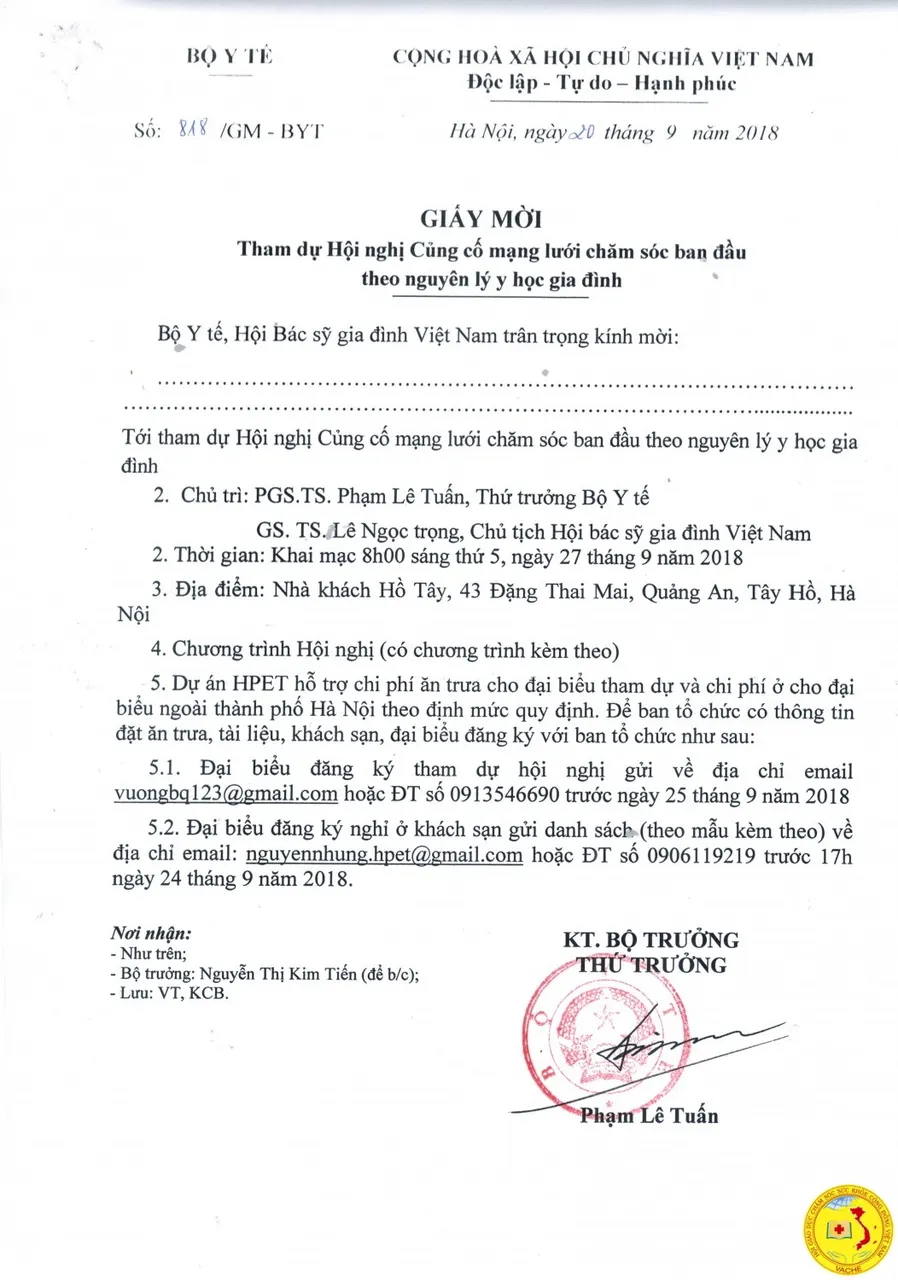 Ảnh: Giấy mời Tham dự Hội nghị Củng cố mạng lưới chăm sóc ban đầu theo nguyên lý y học gia đình