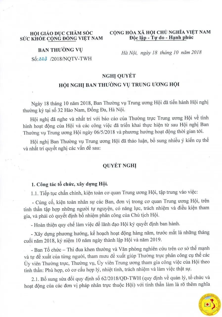 Ảnh: Nghị quyết Hội Nghị Ban Thường Vụ Trung ương Hội ngày 18/10/2018
